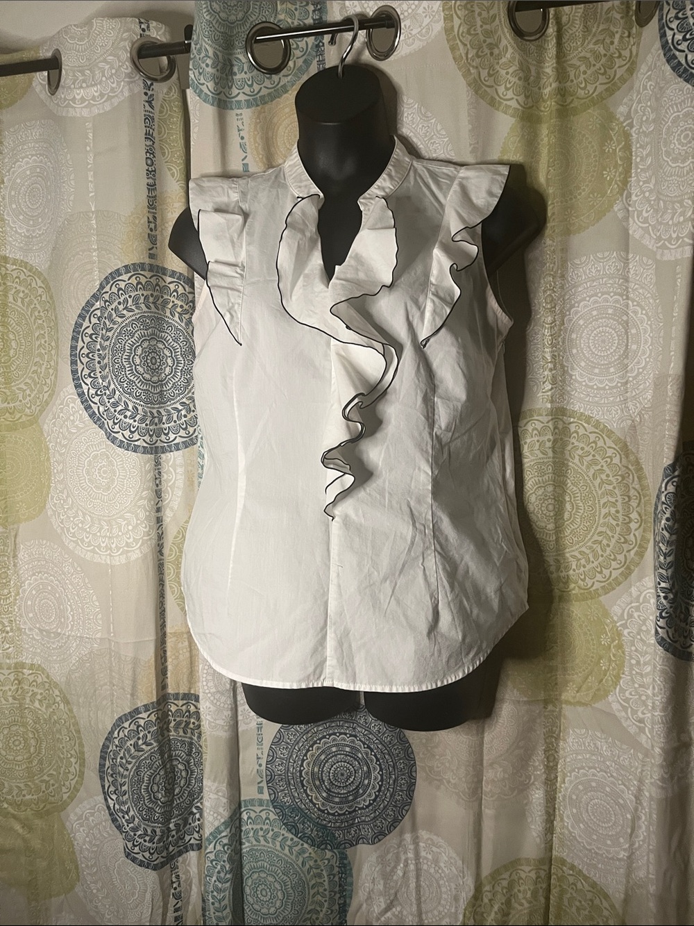 Worthington White Ruffle-Front Cap Sleeve Blouse with Black Trim